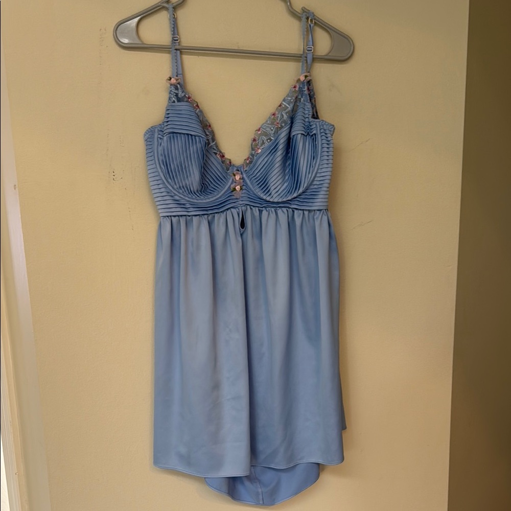 Chic Blue Satin Dress with Floral Accents